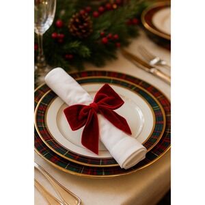 NIB Christian Lacroix White Napkins Red Velvet Bow Ring Set 6 18x18" 100% Cotton